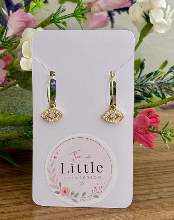 Evil Eye Hoop Earrings, Gold Plated Charms, Handmade Symbolic Jewellery
