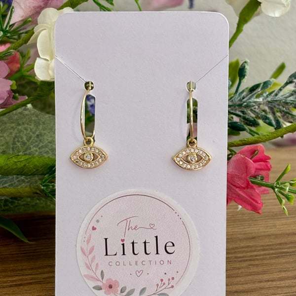 Evil Eye Hoop Earrings, Gold Plated Charms, Handmade Symbolic Jewellery