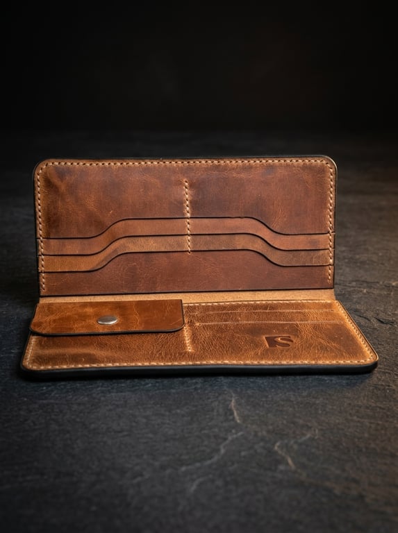 Cognac Tan Full Grain Leather Long Wallet Coin Pocket Organiser Wallet UK