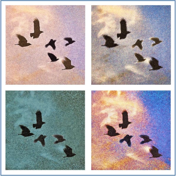 Beautiful bundle of 4 greetings Cards, 4 colour ways Crows in Evening Sky.