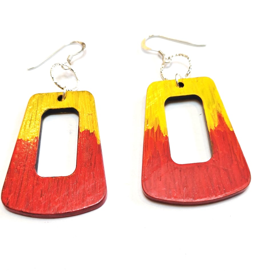 Wood Dangle Earrings,Hand Painted Red and Yellow Abstract, Sterling Silver