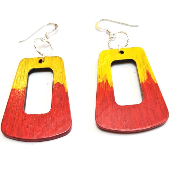 Wood Dangle Earrings,Hand Painted Red and Yellow Abstract, Sterling Silver