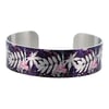  Brushed silver narrow metal cuff bracelet in purple, ferns and leaves. B369-S
