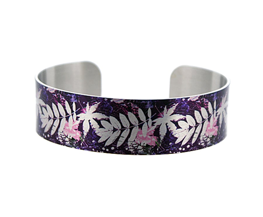  Brushed silver narrow metal cuff bracelet in purple, ferns and leaves. B369