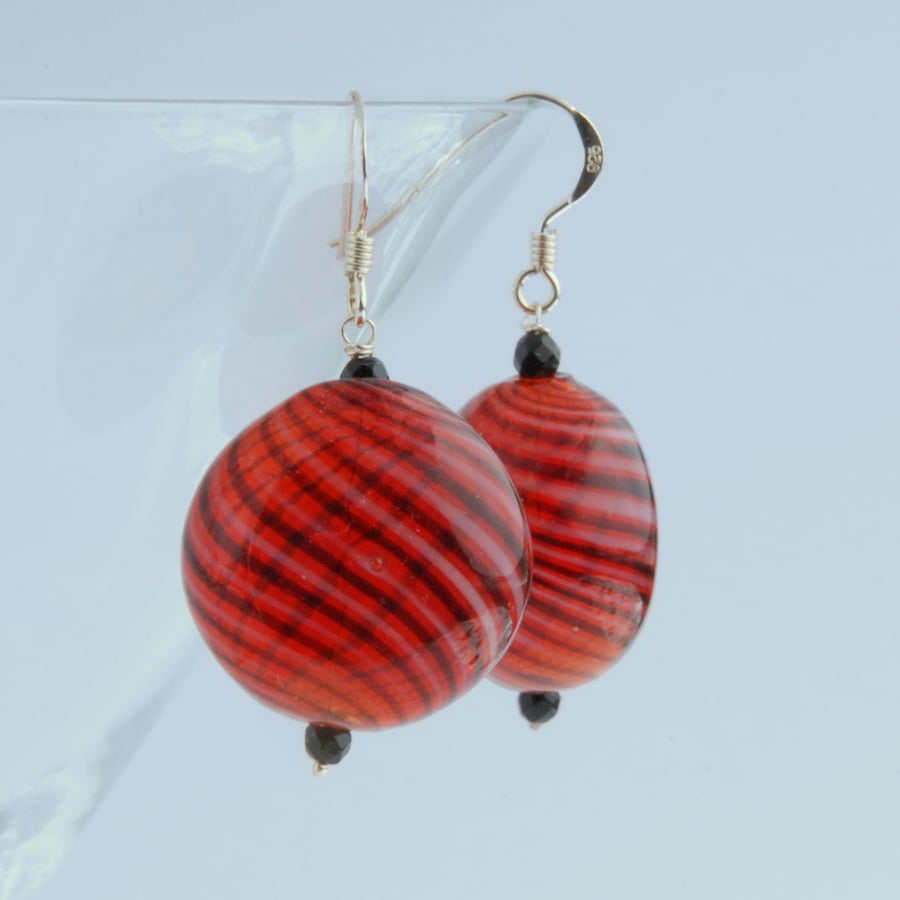 Large blown glass and silver earrings (red with fine black and white lines)