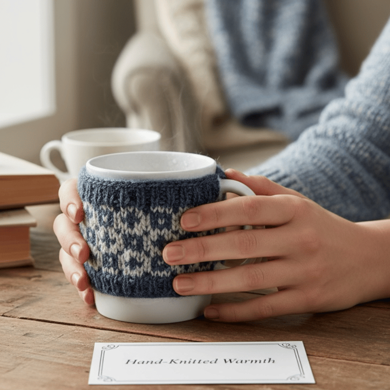 Blue Sheep mug hug, fair isle knitted cosy
