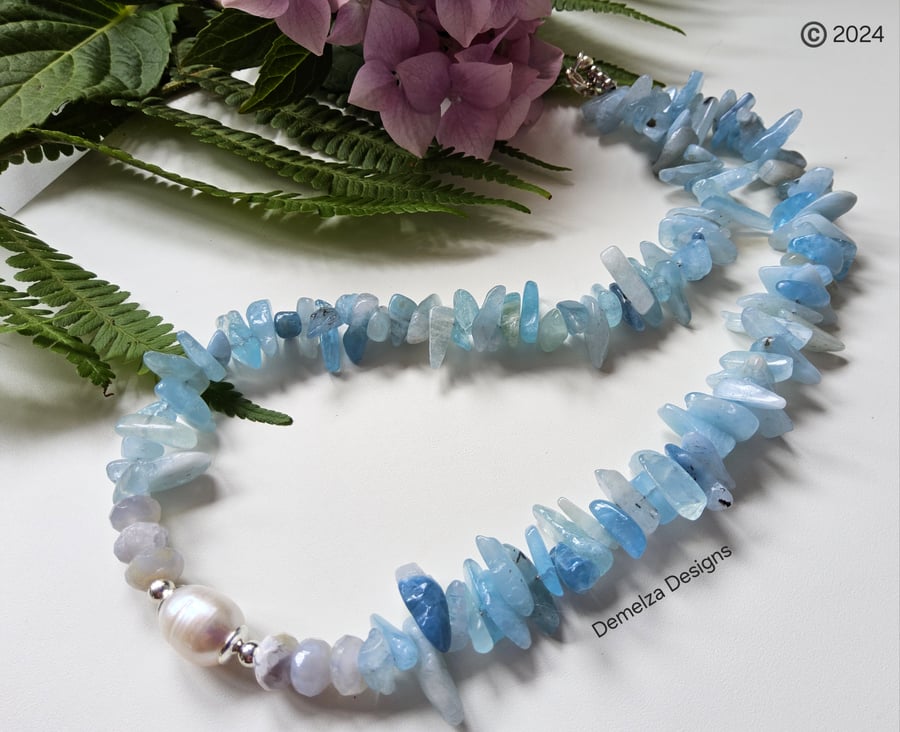 Designer Top Quality Brazilian Aquamarine, Opal & Baroque Pearl Necklace 