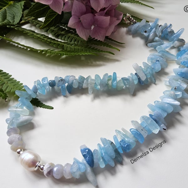 Brazilian Aquamarine, Opal & Baroque Pearl Necklace 