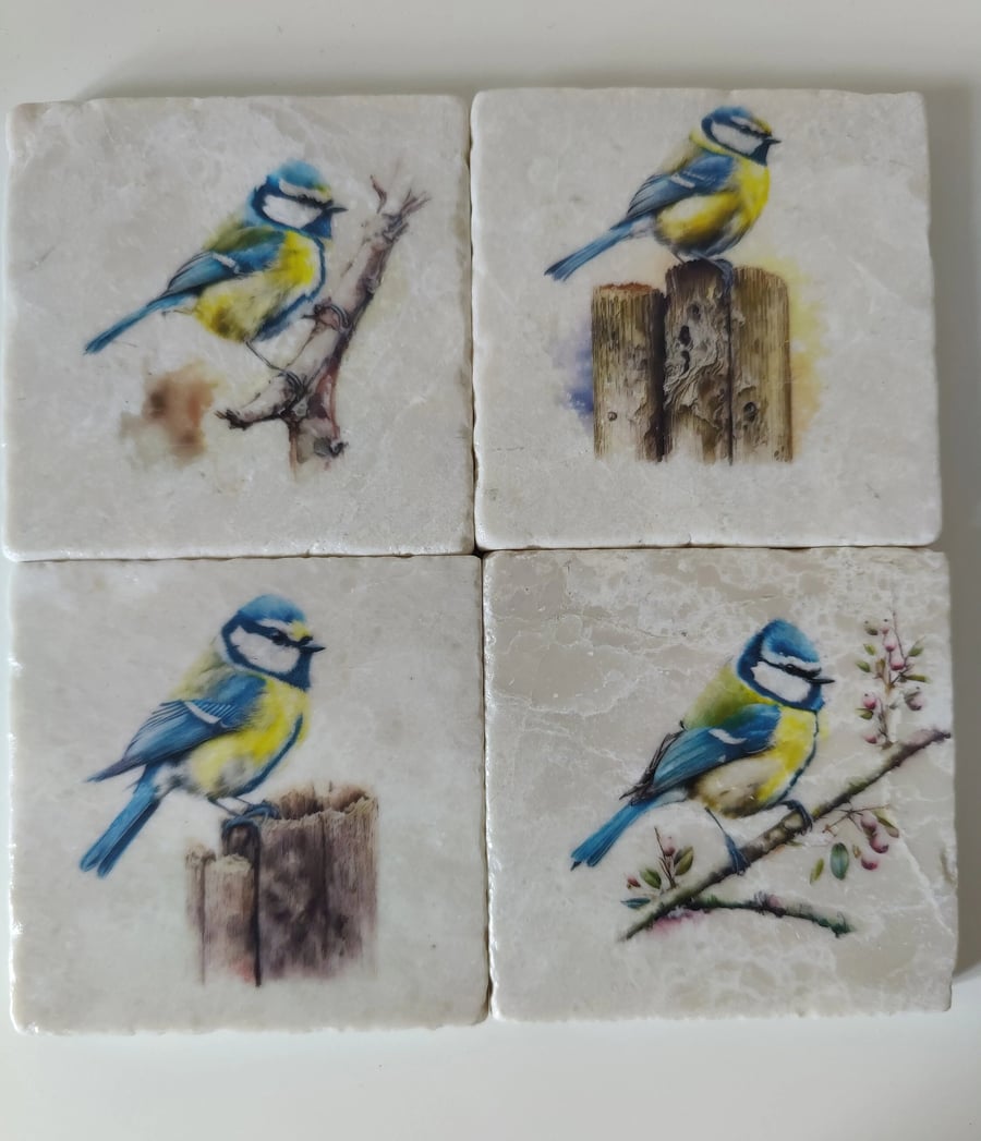 Blue Tits Rustic Marble Coasters, Garden Birds Drinks Coasters, Set Of 4 