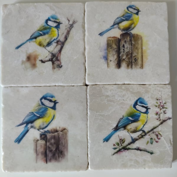 Blue Tits Rustic Marble Coasters, Garden Birds Drinks Coasters, Set Of 4 