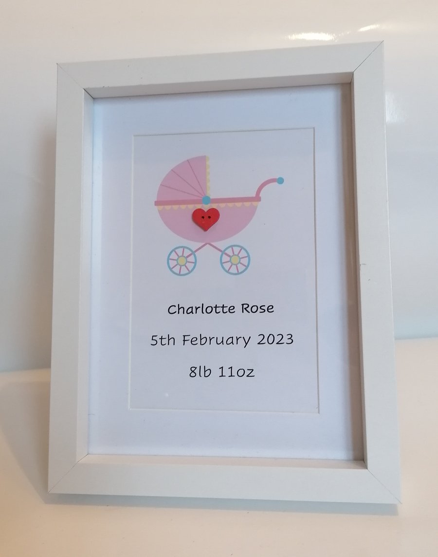 New baby girl personalised information in a white 6 x 8 in frame 