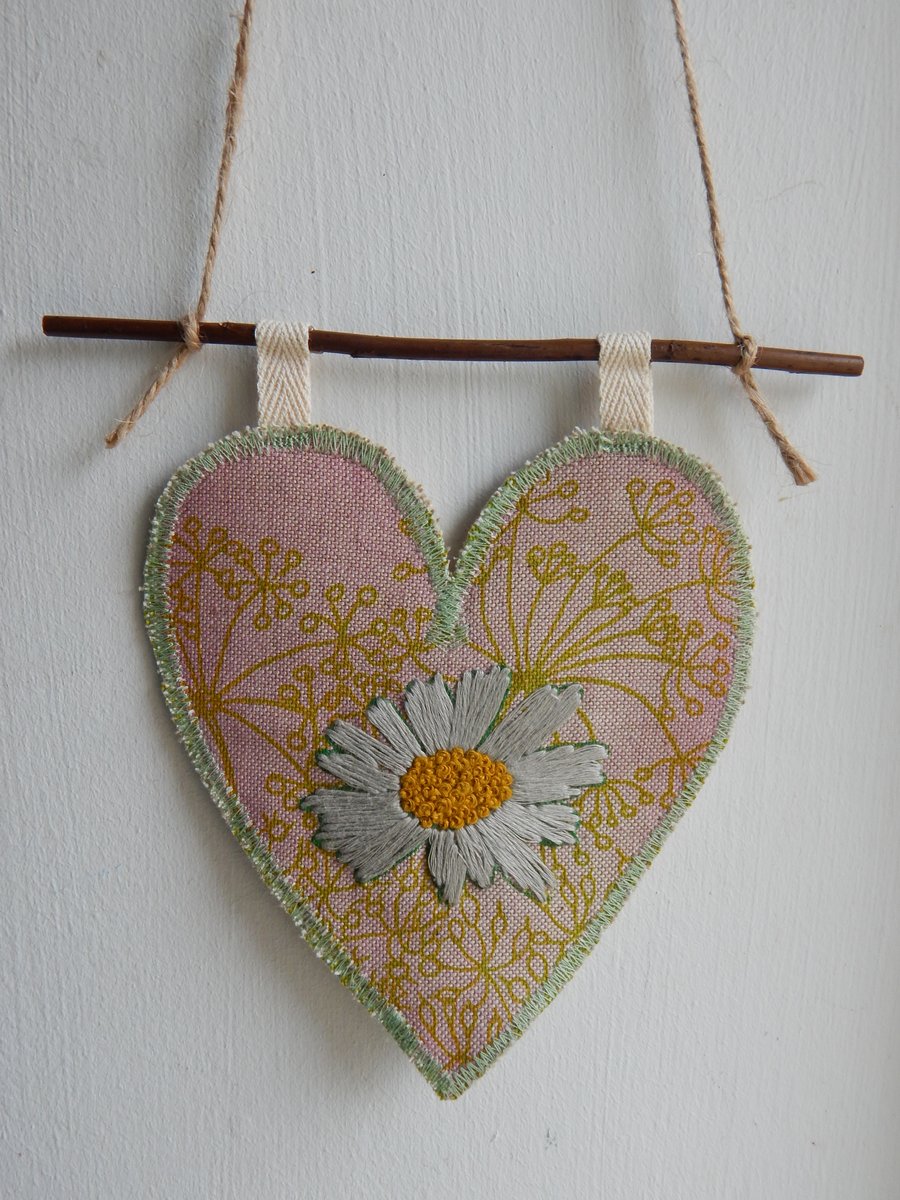 Reserved for Katy  printed, daisy and cow parsley heart - screen printed hanger 