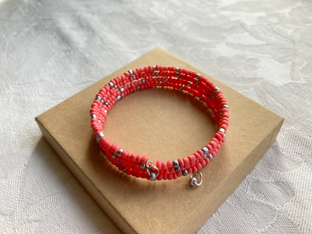 Coral & Grey memory wire bracelet 