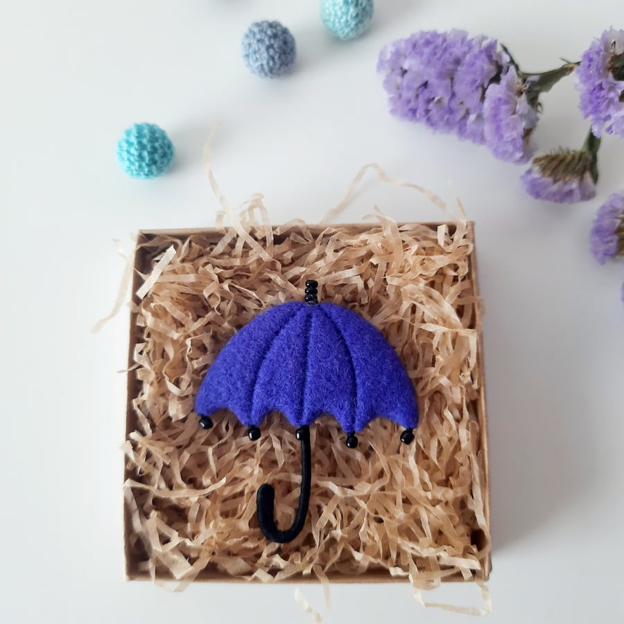 Needle Felted Umbrella Brooch (Electric Blue)