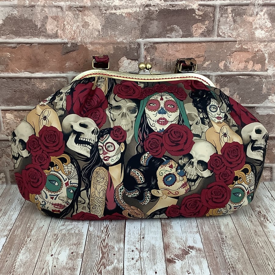 Gothic Day of the dead large fabric frame shoulder handbag, kiss clasp, 2 straps