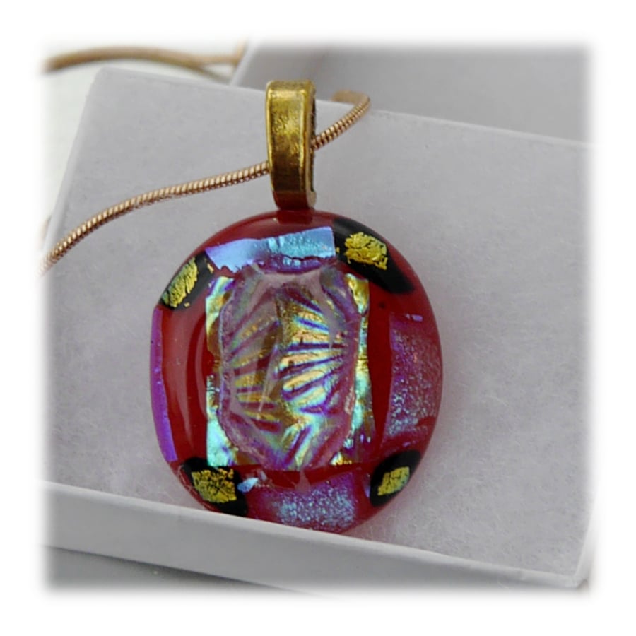 Dichroic Glass Pendant 077 Red Aqua Shimmer Handmade with gold plated chain