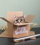 Grey Tabby Cat Card; Birthday, Personalised or Blank. Cat in a box gift card