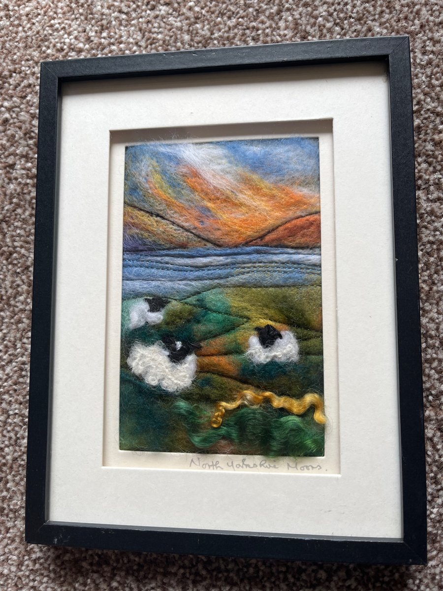 Moorland sunset  with lake and sheep needle felt picture black frame 