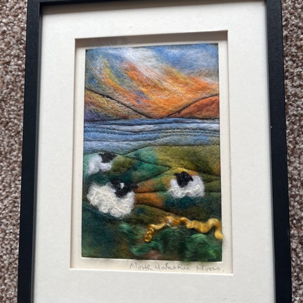 Moorland sunset  with lake and sheep needle felt picture black frame 