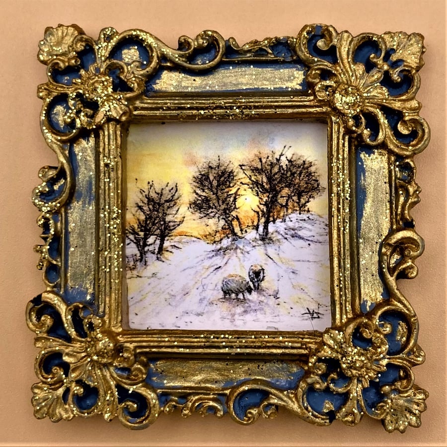 Winter Landscape with sheep, Tiny PRINT in glitter frame, gift or decoration