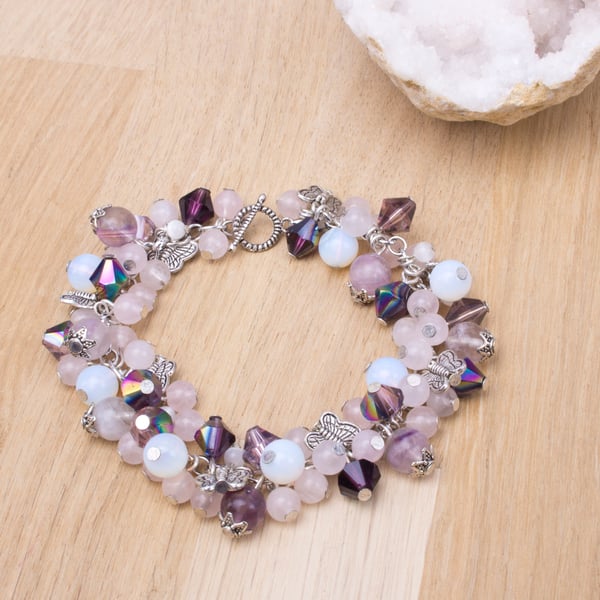 Gemstone Charm bracelet - Rose quartz, opalite, fluorite, butterflies