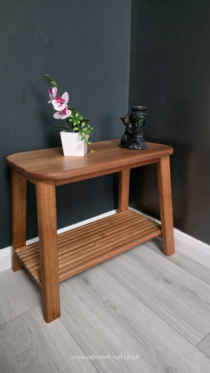 Solid Meranti Wood Side Table - Slatted Shelf Bedside Lamp Table