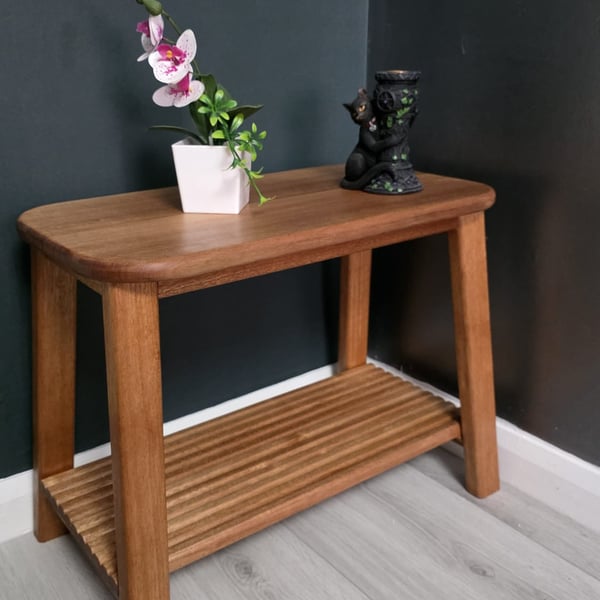 Solid Meranti Wood Side Table - Slatted Shelf Bedside Lamp Table