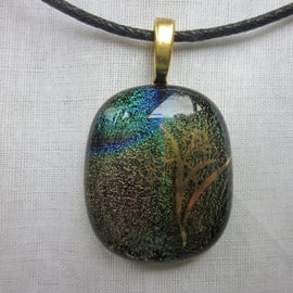 Handmade dichroic glass cabochon pendant - subtle mix with gold daffodils