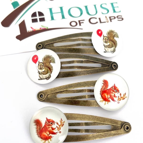 Squirrel Vintage Hair Clips x2 - Red Squirrel Barrettes - Grey Squirrel Snap Cli