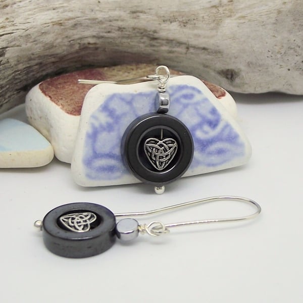 Black haematite doughnut silver heart earrings