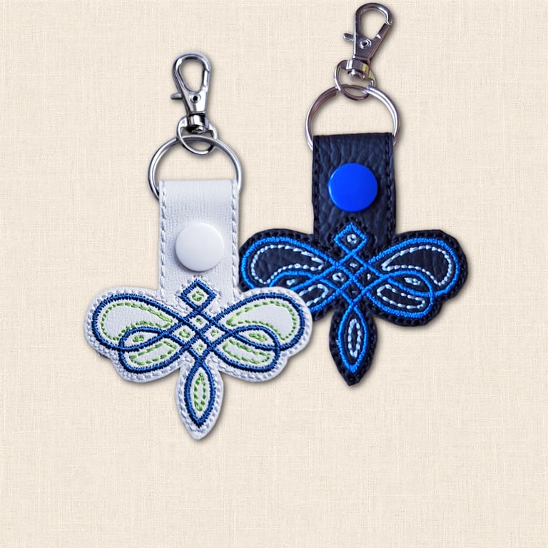 Celtic Dragonfly Keyring - Embroidered Faux Leather Bag Charm