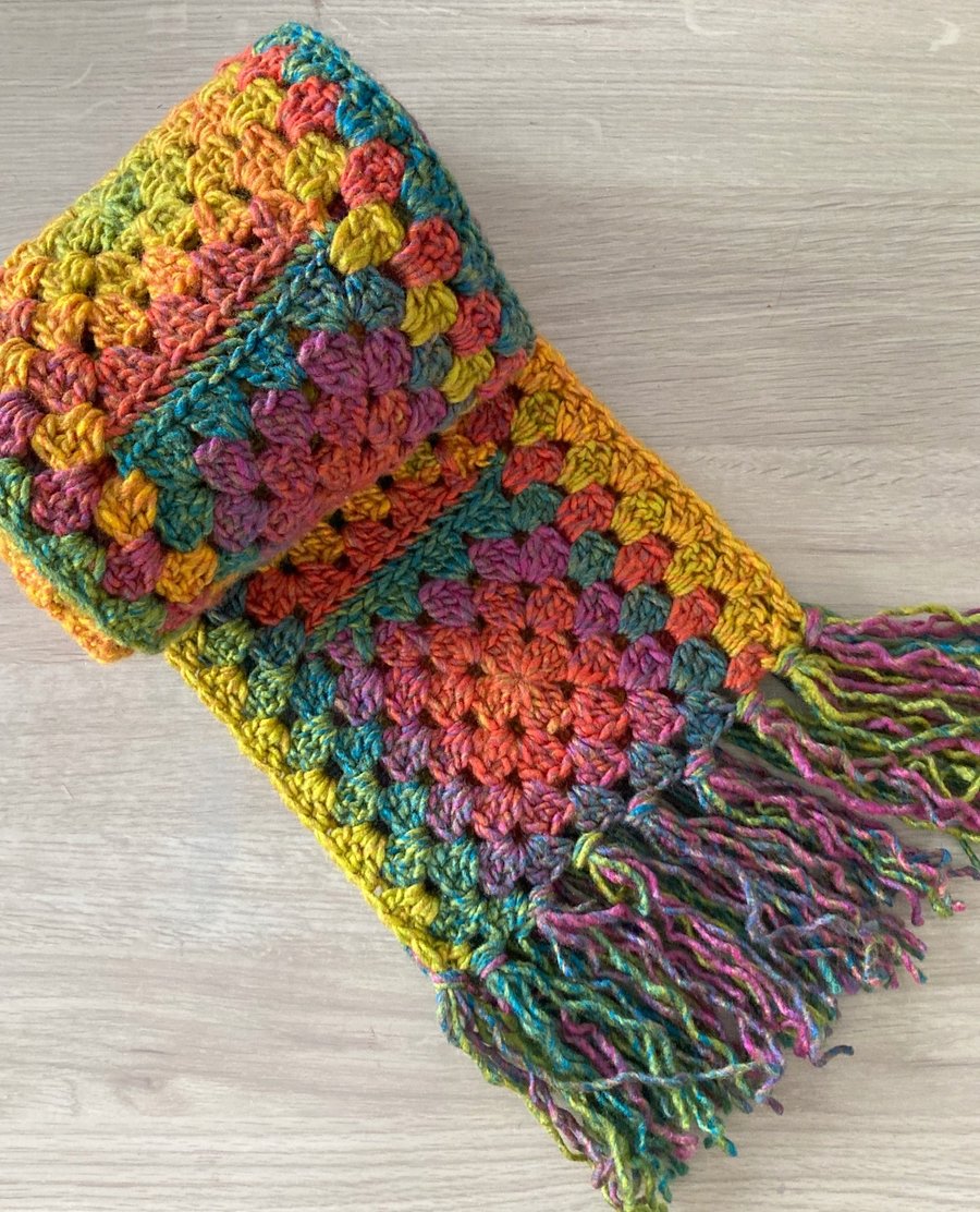 Chunky Crocheted Granny Square Scarf - Autumn Colours