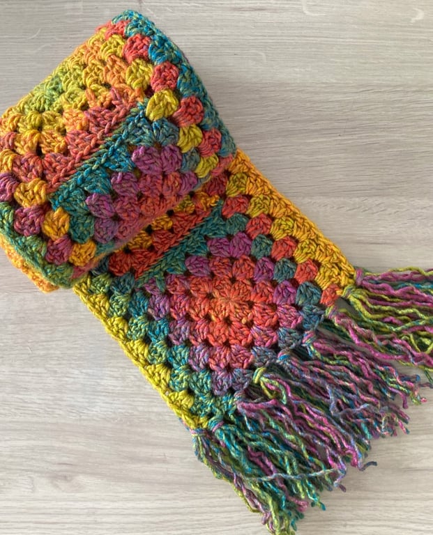 Chunky Crocheted Granny Square Scarf - Autumn Colours