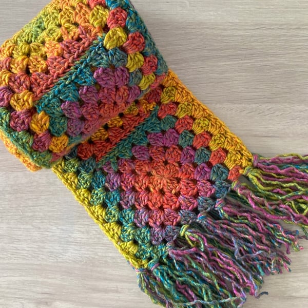 Chunky Crocheted Granny Square Scarf - Autumn Colours