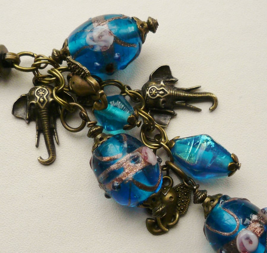 Handbag Charm Blue Indian Glass Bead Antique Bronze Elephant Themed KCJ1444