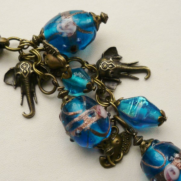 Handbag Charm Blue Indian Glass Bead Antique Bronze Elephant Themed KCJ1444
