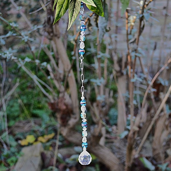 Suncatcher – Blue Glass and Crackle Glass with Chain and Crystal Drop