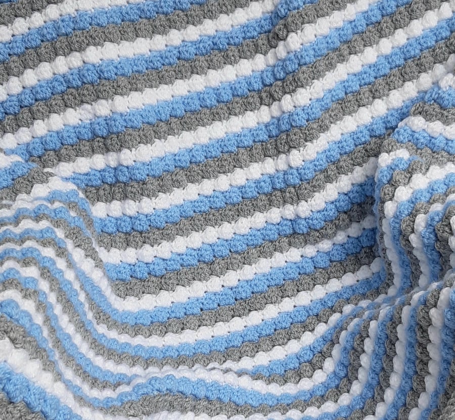 Handmade grey, blue and white, rectangular, puff baby blanket