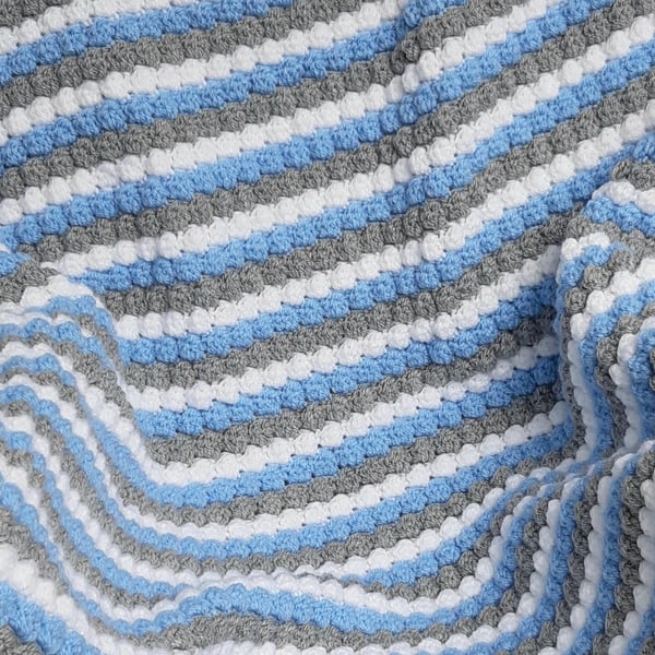 Handmade grey, blue and white, rectangular, puff baby blanket