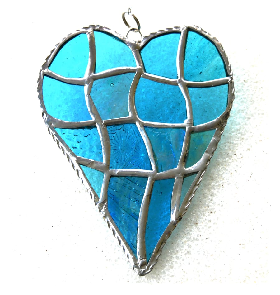 Patchwork Heart Suncatcher Stained Glass Handmade Turquoise Aqua 