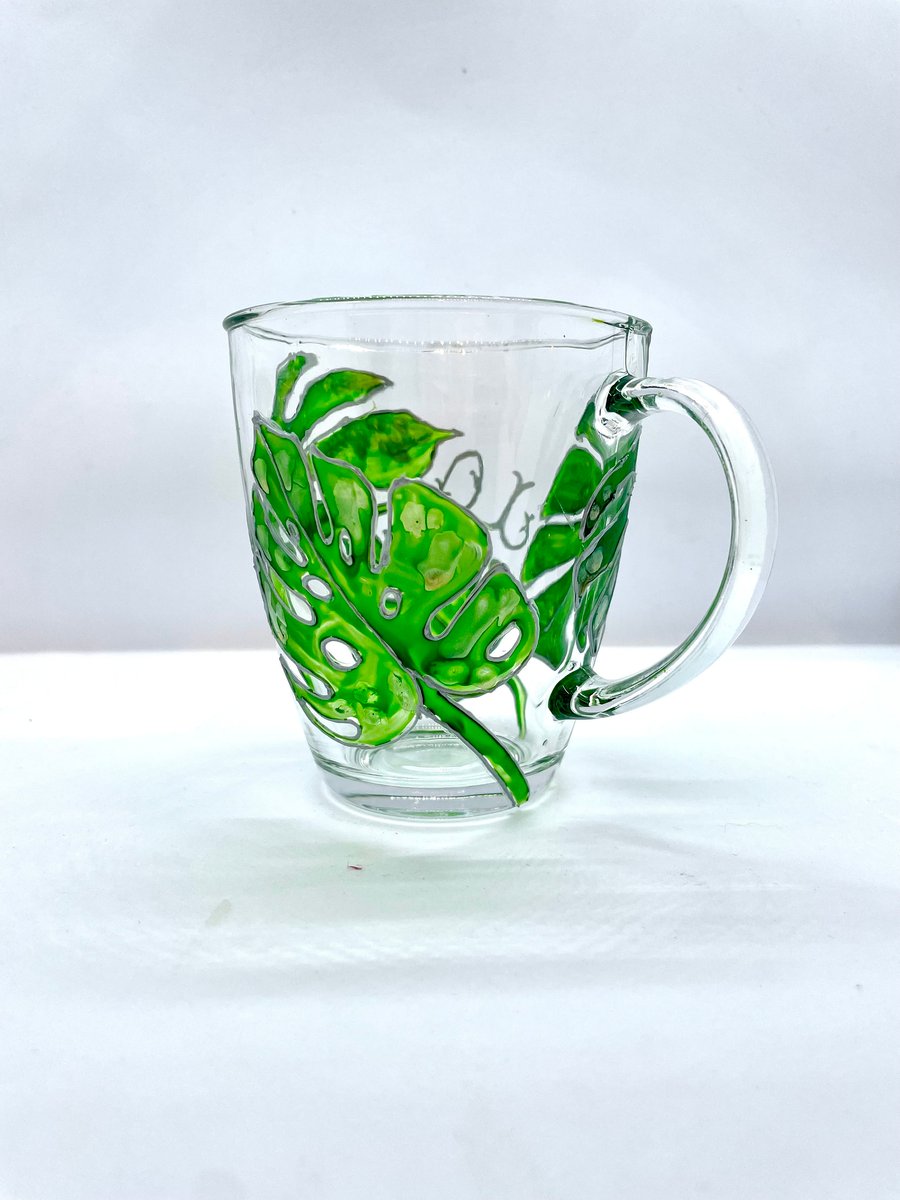 Hand Painted Glass Mug Personalised Monstera House Plant Design Green Mug