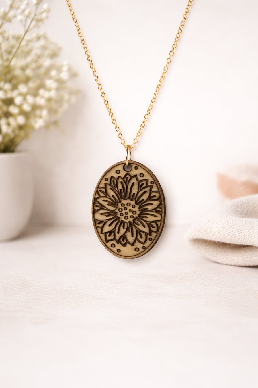 Wooden Floral Necklace – Laser Engraved Pendant UK hand made