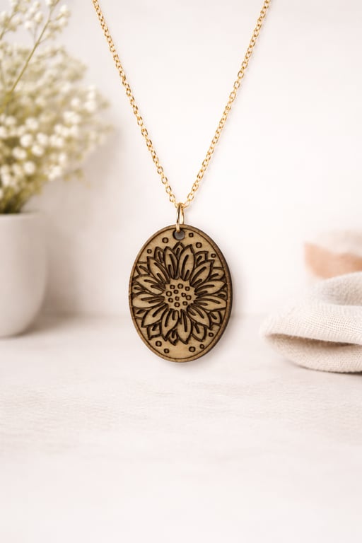 Wooden Floral Necklace – Laser Engraved Pendant UK hand made