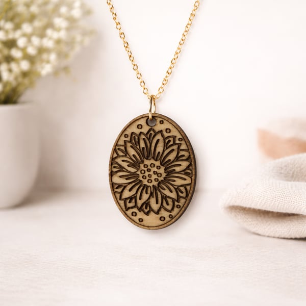 Wooden Floral Necklace – Laser Engraved Pendant UK hand made