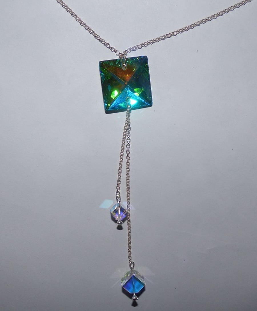 Green blue Swarovski crystal element square necklace