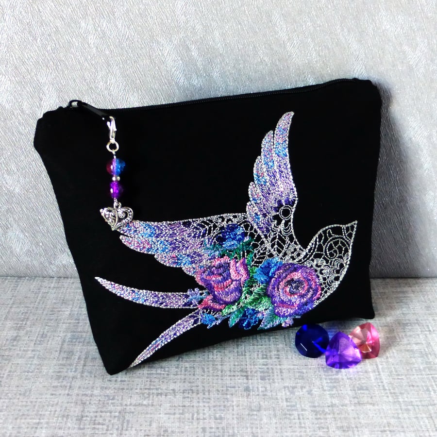 Embroidered make up bag, zipped pouch