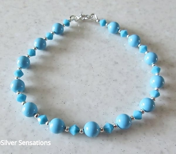 Turquoise Pearls & Crystals Wedding Bracelet With Swarovski Elements