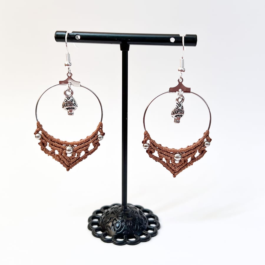 Earrings Macrame Hoop - Shroom, brown FREE UK P&P