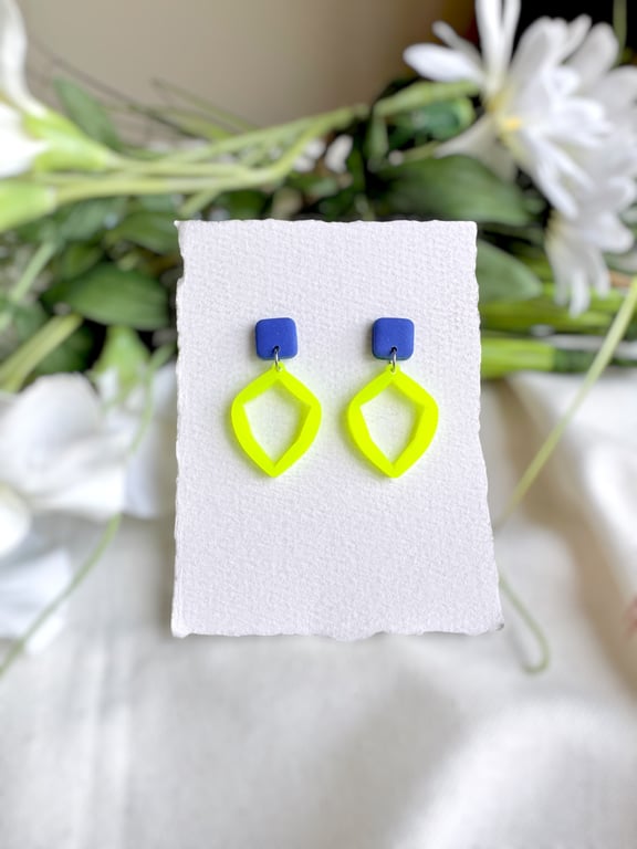 Neon Lime Yellow & Cobalt Blue Geometric Statement Earrings
