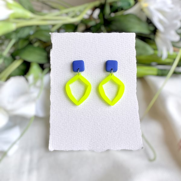 Neon Lime Yellow & Cobalt Blue Geometric Statement Earrings